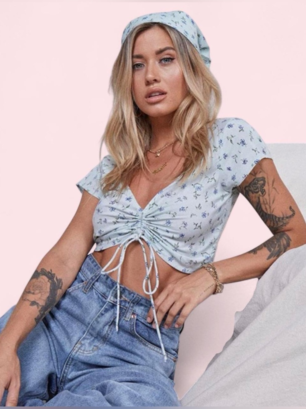 Motel Rocks Blue & Green Floral Adjustable Crop Top